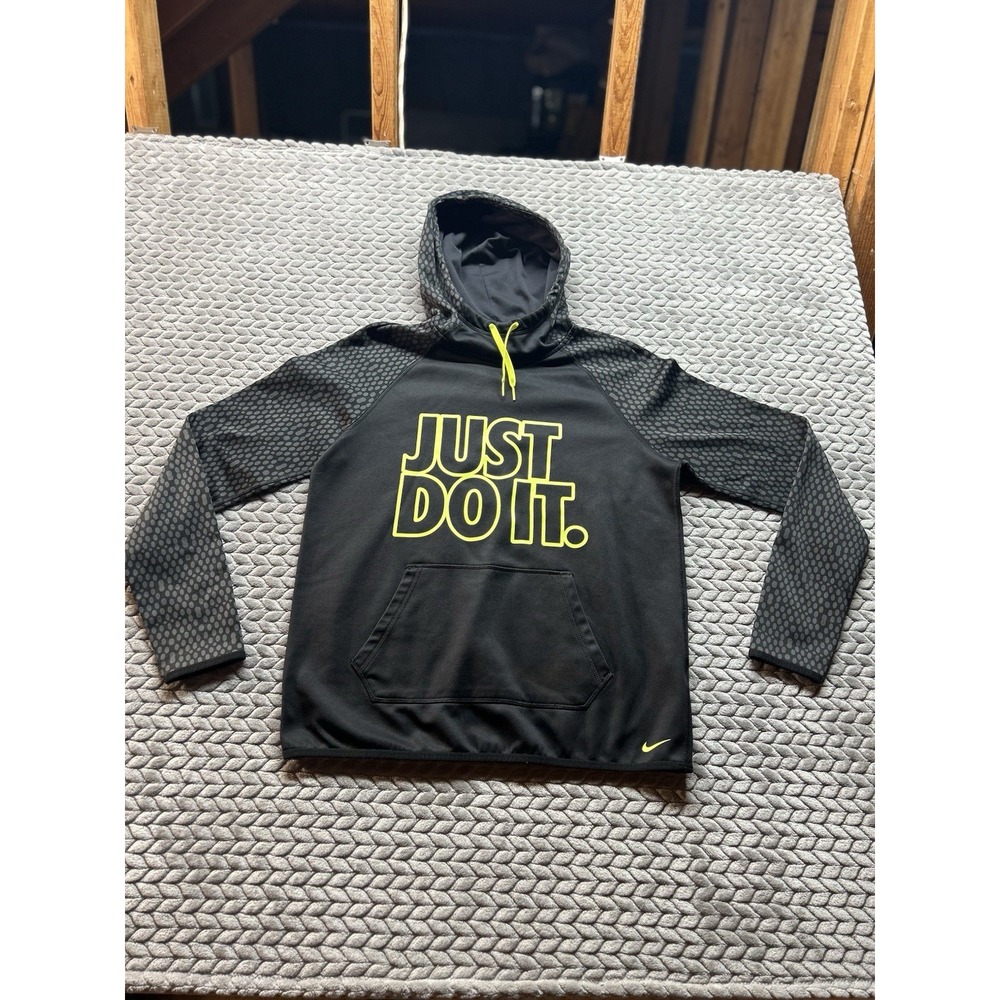 Nike Therma-FIT Mens M Just Do It Hoodie Black Gray Volt Pullover Athletic